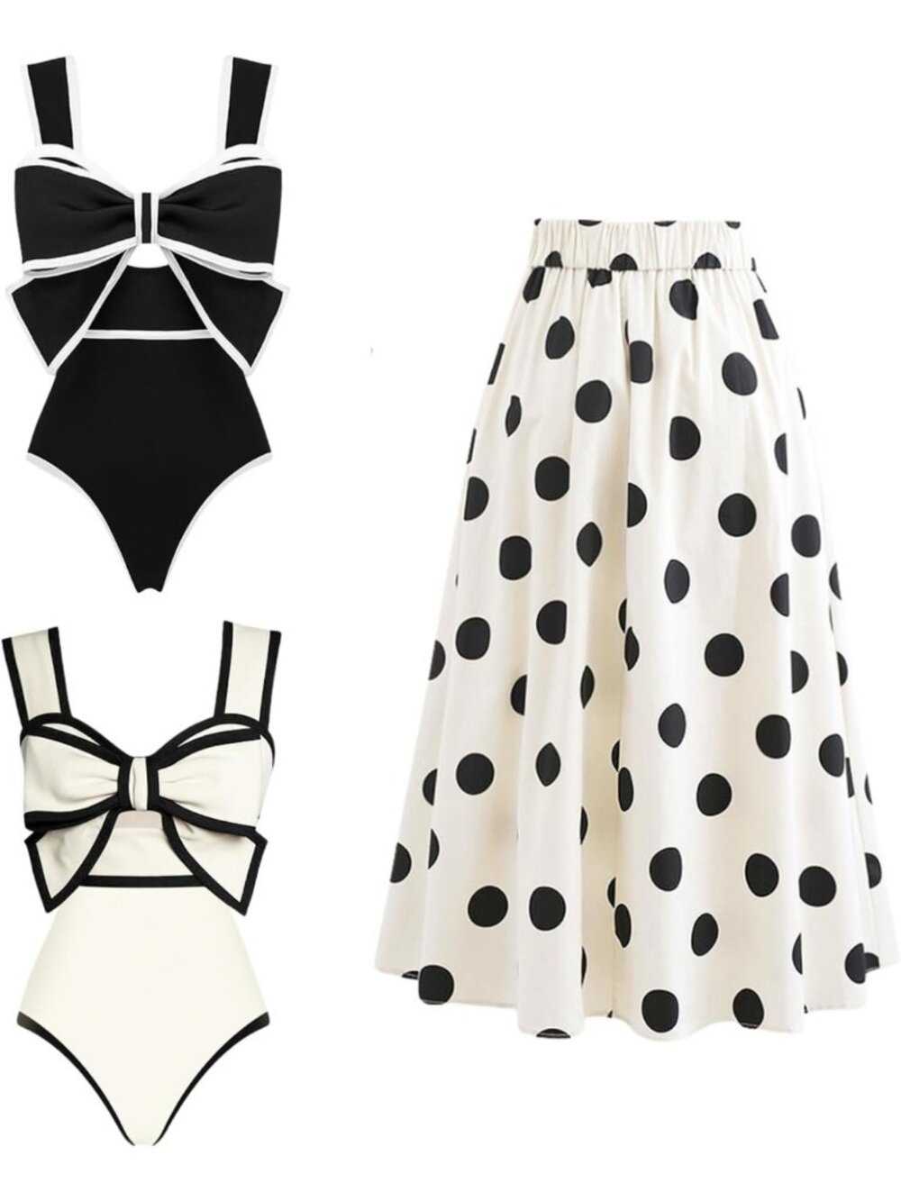 Chic Black & White Polka Dot Beach Cover-Up with Bow Tie & Swimsuit Skirt